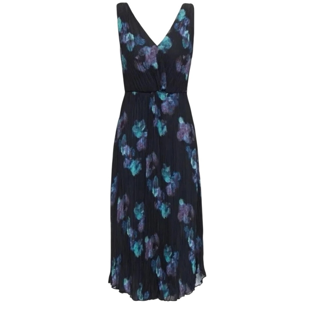 Vince Black Floral Pleated Silk Midi Dress Size 4 Twist Waist - Picture 2 of 14